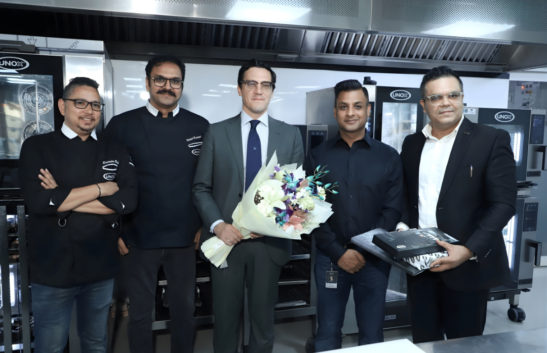 L-R - Chef Ravinder Bisht - Corporate Chef - North India for Unox, Chef Nikhil Rastogi, National Corporate Chef -India for Unox , Davide Colombo, Deputy Head of the Economic & Innovation Department, Embassy