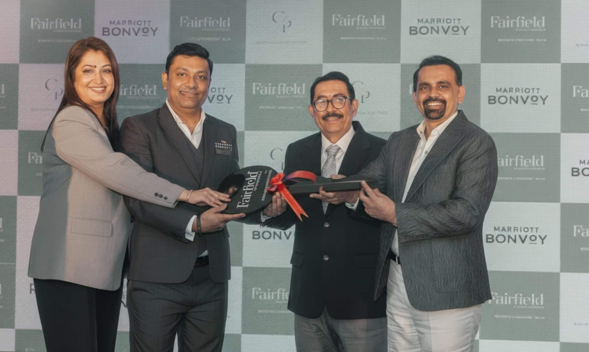 Opening of Fairfield by Marriott Mumbai Andheri West; L-R - Nikita Ramchandani, Market Vice President – West India, Marriott International; Imran Khan, Hotel Manager – Fairfield by Marriott Mumbai Andheri West; Dinesh Patel – Partner, Creative Plastic Industries; Ramesh Patel – Partner, Creative Plastic Industries.